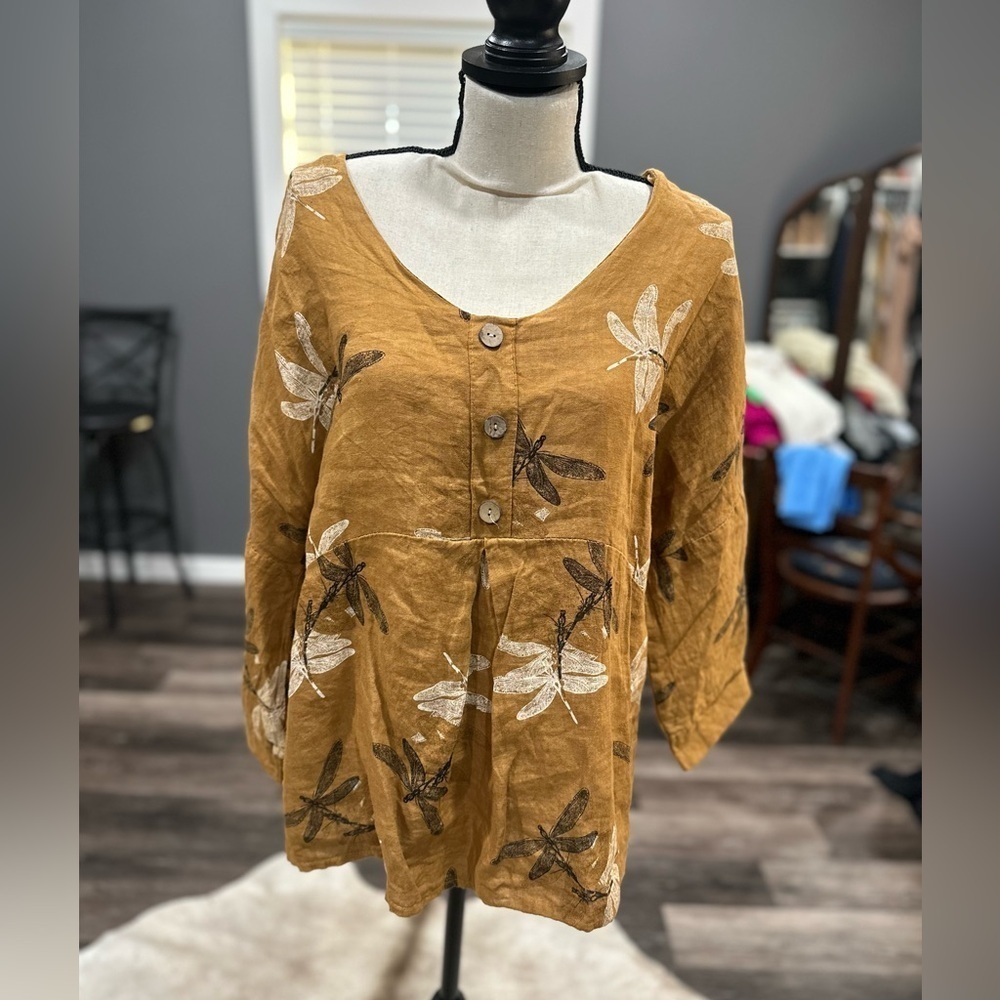 Viola Borghi Top Size Medium Linen Dragon Fly Shirt 3/4 Sleeve Linen